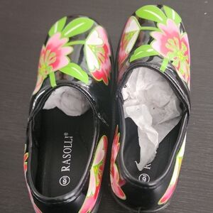 Rasolli Black Clogs with Pink and Green Floral Design